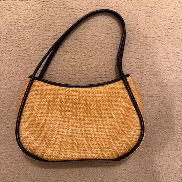 Woven Straw Shoulder Bag Black Trim Minimalist Coastal Chic Summer